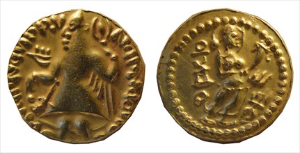 Imitation of a Kushan coin from Samatata. King Kanishka (obverse), Goddess standin..., 2nd-3rd cent. Creator: Numismatic; Oriental coins ().