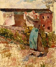 Femme étendant du linge, Éragny, c1887. Creator: Pissarro; Camille (1830-1903).