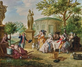 Elegant society dining in a classical garden, 1780s. Creator: Lafrensen; Niclas (1737-1807).