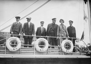 Crew of Lundin Boat, A.J. Meldrum, Chas. Kliktherg, Walter Patterson, E. Sivard & wife..., 1914. Creator: Bain News Service.