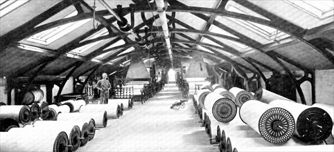 An important process in the cotton industry: a sizing-room, 1909. Creator: Unknown.