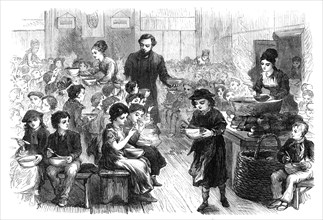 Halfpenny dinners for poor children in East London, 1870. Creator: Unknown.