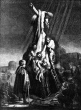 The Descent From The Cross, etching by Rembrandt, 1870. Creator: Unknown.