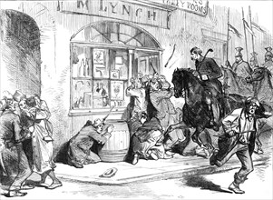 Sketches from Ireland: Lancers clearing the street of Granard at the Longford Election, 1870. Creator: Unknown.