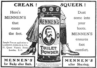 Creak! Squeek! Mennen's Toilet Powder - dust some into your boots, 1909. Creator: Unknown.