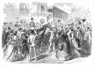 The Race for the Grand Prix de Paris: the winner led to the weighing place, 1870. Creator: Unknown.