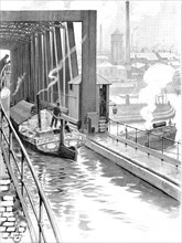 Water spanned by water: the Bridgewater Canal crossing the Manchester Ship Canal, 1909. Creator: Samuel Begg.