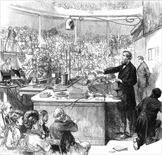 Professor Tyndall lecturing at the Royal Institution, 1870. Creator: Unknown.