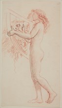 Female nude - study of a figure holding a harp, facing left, 1864. Creator: Sir Edward Coley Burne-Jones.