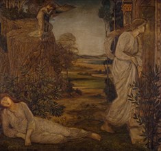 Cupid and Psyche - Palace Green Murals - Zephyrus Bearing Psyche to the Mountain, 1881. Creator: Walter Crane.