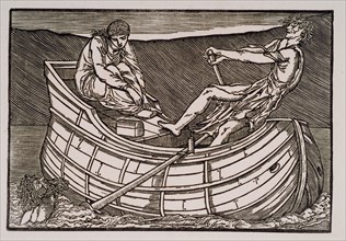 Cupid and Psyche - The dead Man rising from the Water as Psyche is ferried across the Styx, 1880. Creator: Sir Edward Coley Burne-Jones.