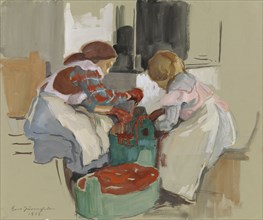 Two Girls Dyeing Fabric, 1913. Creator: Eero Jarnefelt.