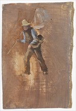 A man carrying a fishing net over his shoulder, study. Creator: Oscar Kleineh.