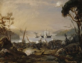 Violent reconnaissance in the Turku region, a scene from the Oolanni War, 1854. Creator: Robert Wilhelm Ekman.