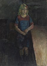 A little girl leaning on a table, 1919. Creator: William Lonnberg.