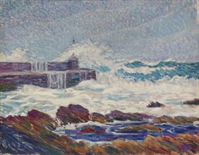 Rosehearty Pier in a storm, 1910. Creator: Alfred William Finch.