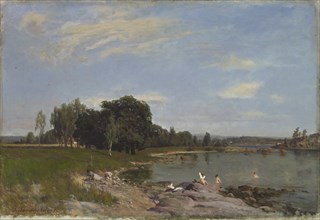 Beach landscape, bathing children, 1872. Creator: Berndt Lindholm.