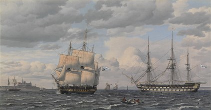 Russian sailing ships at the mouth of Helsingør harbor, 1826. Creator: CW Eckersberg.