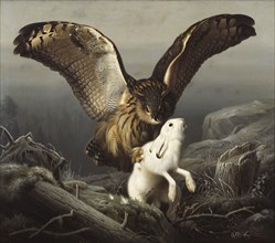 An Eagle-Owl Seizes a Hare, 1860. Creator: Ferdinand von Wright.