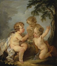 Three amorins playing with a bird's nest, 1747. Creator: Guillaume-Thomas Taraval.