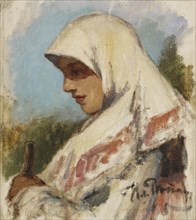 Peasant Girl in a Headscarf, study. Creator: Il'ya Repin.