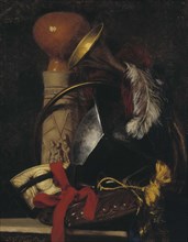 Still life with chalice, horn, feathers and belt, 1864. Creator: Ivar Kaskas.