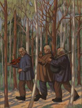 Three musicians, partial sketch for the National Theater's Helkajuhlat fresco, 1928. Creator: Juho Rissanen.