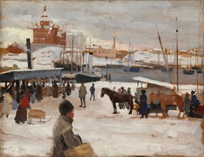 Winter Day at Helsinki Market Square, Study; Sketch for Winter Day at The Market Place..., 1889. Creator: Albert Edelfelt.