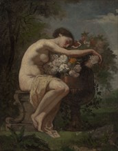 Nymph next to an urn full of flowers, exercise, 1846-1896. Creator: August Jernberg.