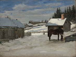 Watering a horse, winter picture, 1879. Creator: Adolf von Becker.