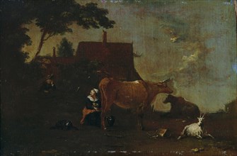 Milking the cow, 1717-1767. Creator: Norbert Grund.