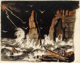 Stormy seascape with shipwrecks, steep rock formation in the middle, 1850-1855. Creator: Karl Anders Ekman.