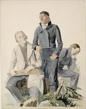 Folk Poets Olli Kymäläinen, Pietari Makkonen and Antti Puhakka, illustration for..., 1845. Creator: Johan Knutson.