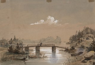 Lake Landscape, Man Angling on a Bridge, 1848-1860. Creator: Werner Holmberg.