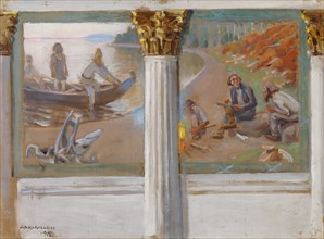 Lönnrot and poetry singers, sketch for a wall painting in the banquet hall of the University...,1912 Creator: Akseli Gallen-Kallela.