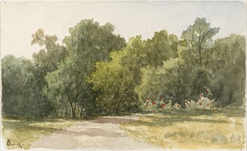 Park landscape with deciduous trees and sandy path, 1826-1892. Creator: Lars Theodor Billing.