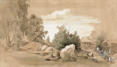 The yard of the house, women washing clothes in Tuomarinkyla, 1859. Creator: Werner Holmberg.