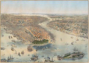 Bird's-eye view of New York City from the West, with Manhattan, and Brooklyn to the East, 1851. Creator: Bachmann, John (1814-1896).