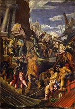 The Victory of Venetian Fleet over the fleets of the Republic of Genoa at Acre in 1258, 1585-1590. Creator: Montemezzano, Francesco (ca. 1540-1600/02).