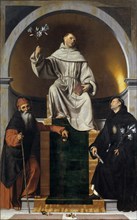 Saint Anthony of Padua between Saints Anthony the Great and Nicholas of Tolentino, c1530-1536. Creator: Moretto da Brescia, Alessandro (ca 1498 - 1554).