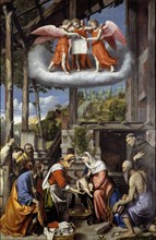 Nativity with Shepherds, Saint Jerome and a Donor, 1529-1535. Creator: Moretto da Brescia, Alessandro (ca 1498 - 1554).