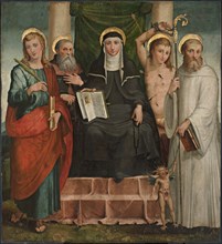 Saint Scholastica Enthroned between Saints John the Evangelist, Anthony the Abbot......, c1550. Creator: Piaggio, Teramo (1485-1554).