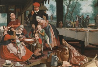 A family eating rice pudding. Creator: Pietersz, Pieter, the Elder (1540-1603).