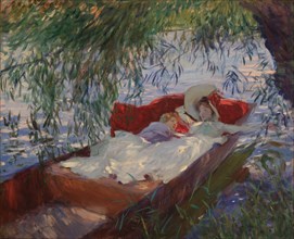 Lady and Child Asleep in a Punt under the Willows, 1887. Creator: Sargent, John Singer (1856-1925).