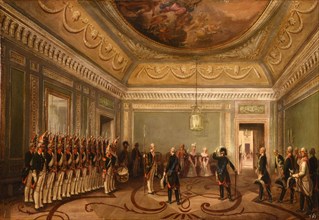 Paul I in front of the guards saluting Maria Feodorovna (Changing of the guard in the Anteroom),1845 Creator: Schwarz, Otto Gottlieb (1800-1862).