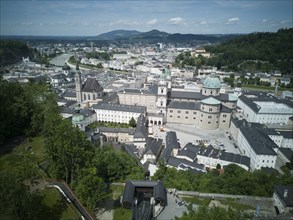 View over the city of Salzburg from the Festung Hohensalzburg fortress, 2022. Creator: Ethel Davies.