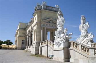 Hilltop triumphal arch and café overlooking the Palace of Schonbrunn, Vienna, Austria , 2022. Creator: Ethel Davies.