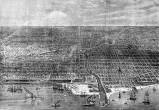 The Great Fire at Chicago: bird's-eye view of the city, 1871. Creator: Unknown.