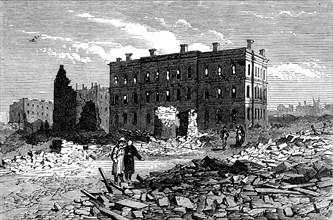 Ruins of Chicago after the Fire: Post-Office and Tribune Buildings, 1871. Creator: Unknown.