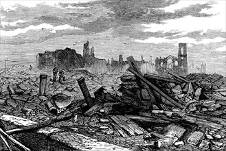 Ruins of Chicago after the Fire: Porter Palmer's Block; Field and Leiter's Stores, 1871. Creator: Unknown.